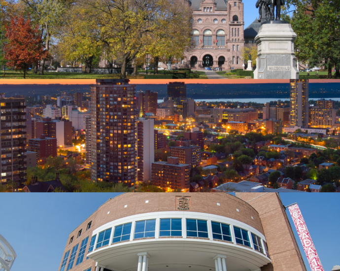 Three photos in one depicting Queens Park, Hamilton and Brampton City Hall